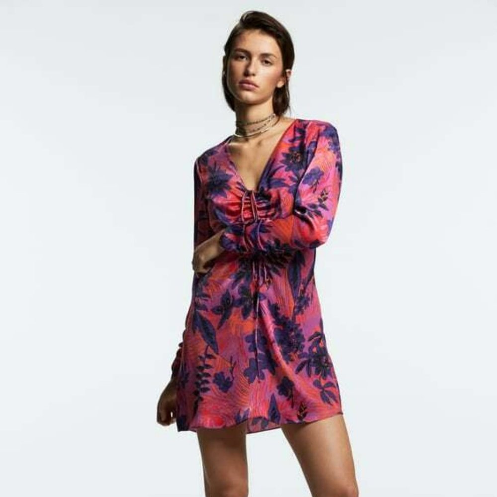 NWT Zara floral summer dress long sleeve size large